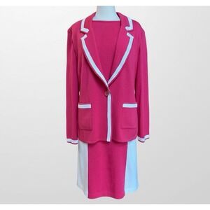 St John Knit Dress Suit  Size 16 Pink White Santana Knit 2 Piece Sheath Blazer